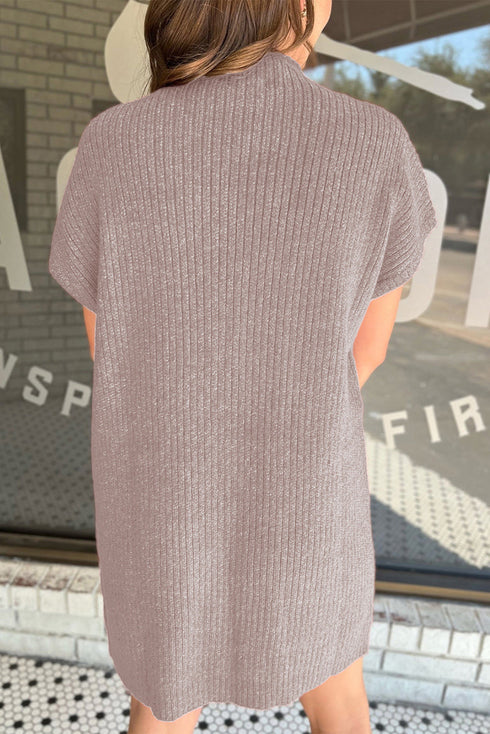 Patch Pocket Ribbed Knit Short Sleeve Sweater Dress